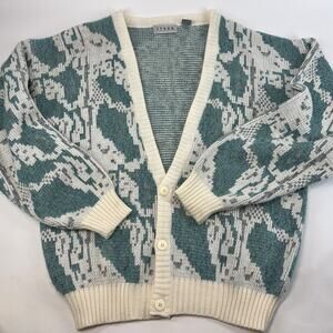 VTG J Todd Cardigan Sweater Geometric Abstract Men's Size XL Teal Gray Cream